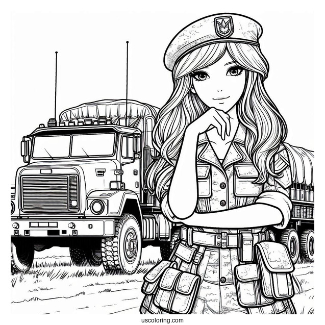 Female Soldier Coloring Page Standing In Front Of Military Truck