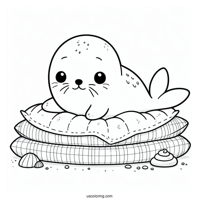 Cute Seal Coloring Page Stuffed Toy On A Bed