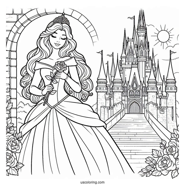 Princess Coloring Page Of Aurora Holding Rose Outside Castle