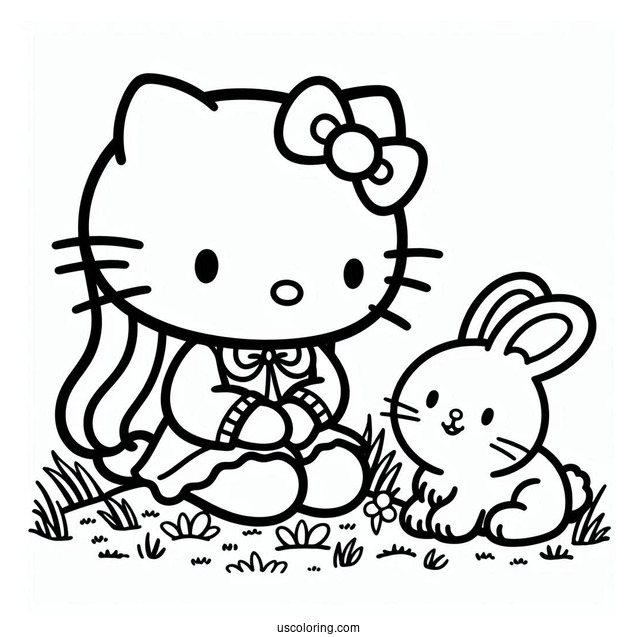 Hello Kitty Sitting On The Grass With A Rabbit Coloring Page For Kids