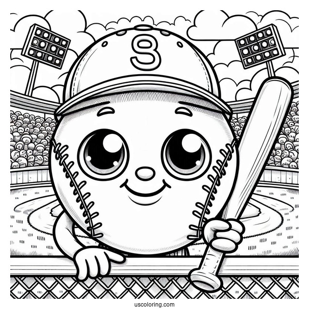 Smiling Baseball Coloring Page at the Ballpark