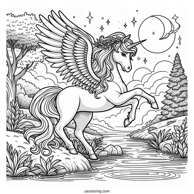 Beautiful Pegasus Coloring Page Standing By The River