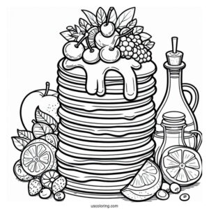Pancake Coloring Page Towers With Fruits And Syrup