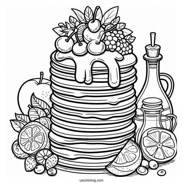 Pancake Coloring Page Towers With Fruits And Syrup