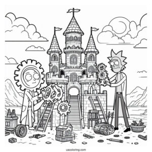 Jerry and Gearhead Building a Castle Rick and Morty Coloring Page