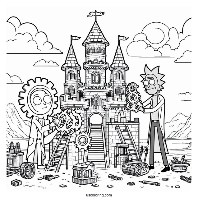 Jerry and Gearhead Building a Castle Rick and Morty Coloring Page