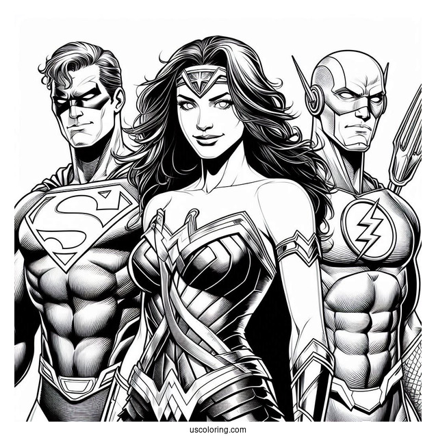 Justice League Coloring Page Of Martian Manhunter, Superman, Green Lantern, Wonder Woman, Batman, Aquaman, And The Flash
