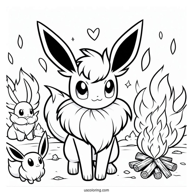 Sylveon Coloring Page With Other Eevee Evolutions Around Bonfire