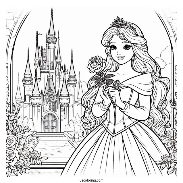 Princess Coloring Page Of Aurora Holding Rose Outside Castle