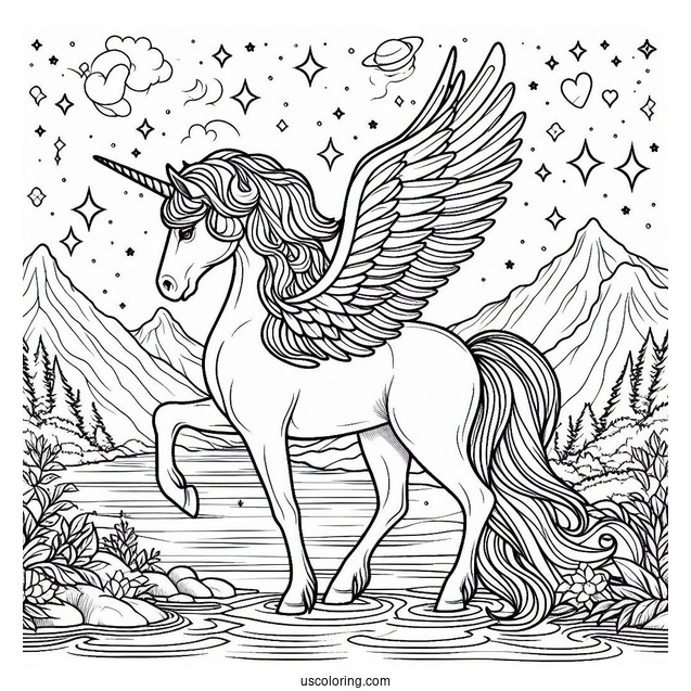 Beautiful Pegasus Coloring Page Standing By The River