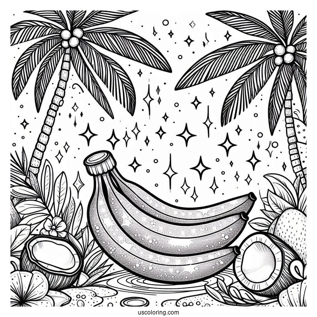 Sparkling Banana Coloring Page With Coconut Trees In The Background