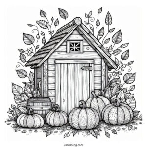 Wooden Shed Covered In Leaves And Filled With Pumpkin Coloring Page