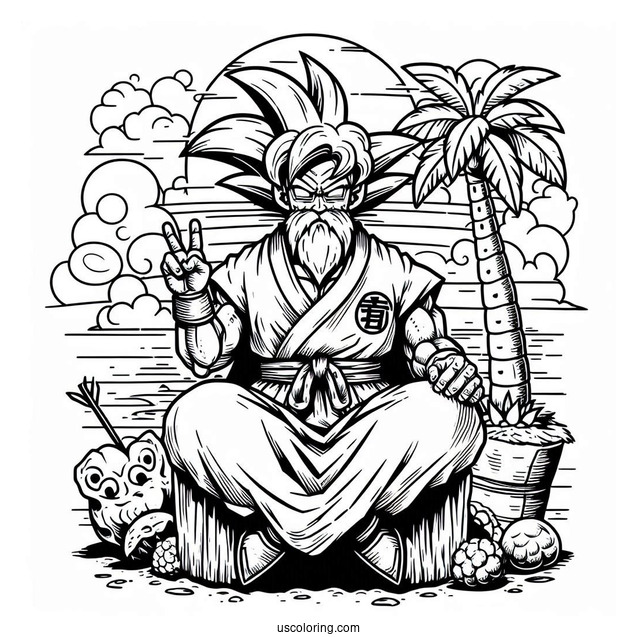 Dragon Ball Z Coloring Page Of Master Roshi in Vacation Shirt at Kame House