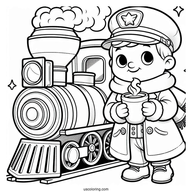 Polar Express Coloring Page Of Cartoon Conductor Holding A Cup Of Hot Coco For Kids