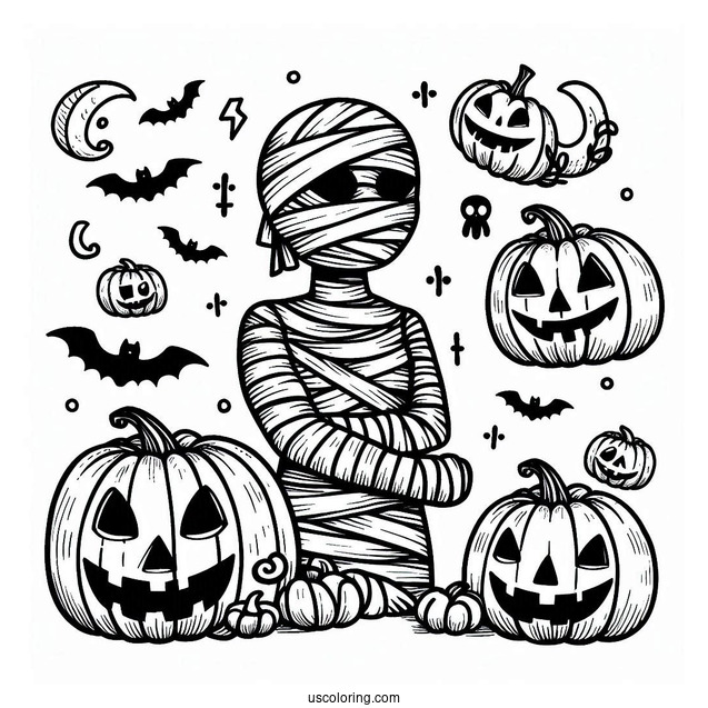 Adorable Egyptian Mummy Coloring Page With Jack O Lanterns