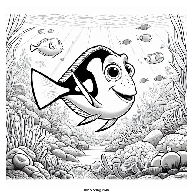 Pixar Coloring Page of Dory And Marlin In Coral Reef