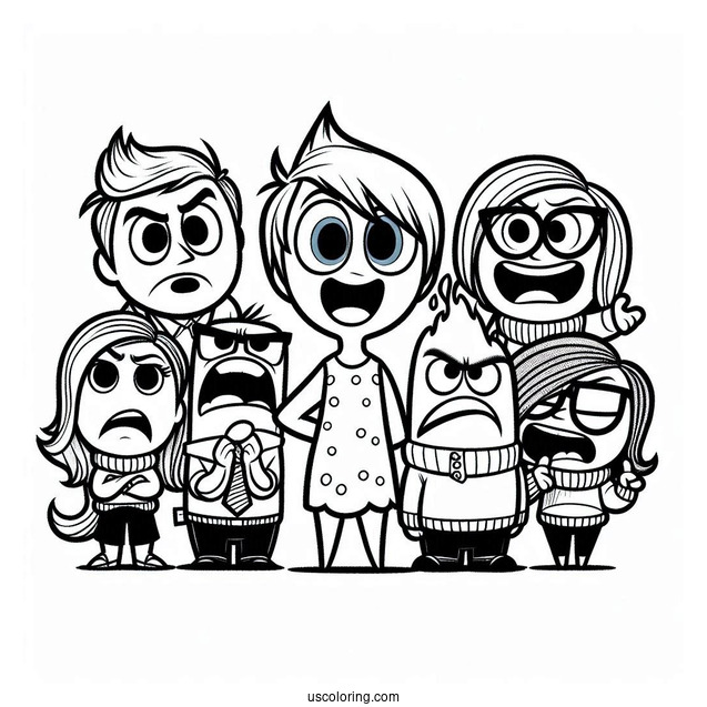 Pixar Coloring Page of Inside Out Joy, Anger, Fear, Sadness, Disgust