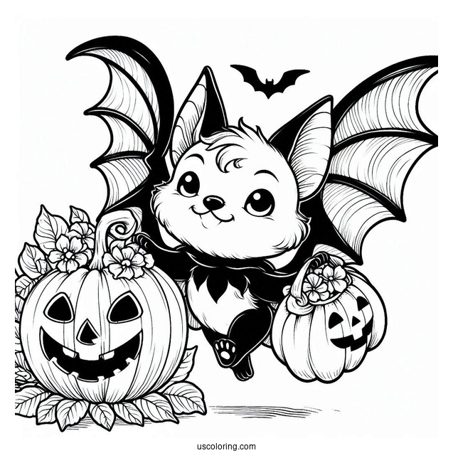 Bat Coloring Page Carrying Jack O Lantern On Halloween