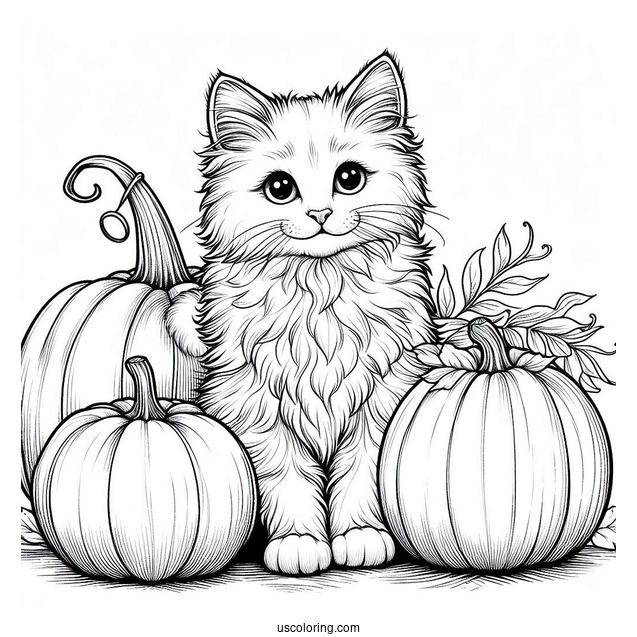 Furry Cat Sitting Next To Pumpkins Coloring Page