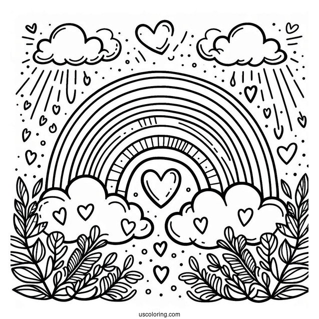 Rainbow Coloring Page With Love Heart Clouds