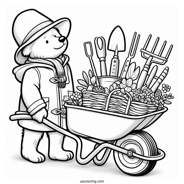 Paddington Coloring Page Pushing A Wheelbarrow Full Of Gardening Tools