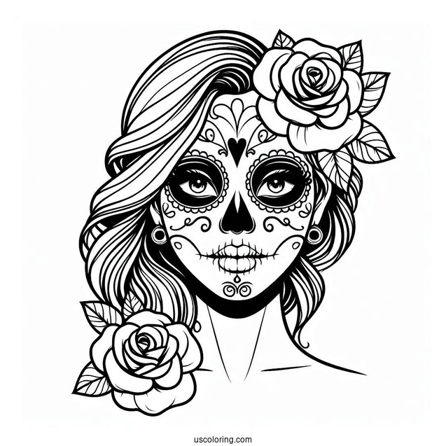 Woman With Sugar Skulls Coloring Page Face Paint And Rose Tucked Behind Her Ear