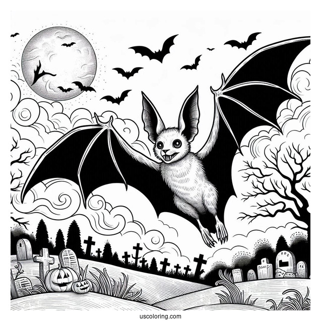 Creepy Bat Coloring Page Flying Over Graveyard On Halloween