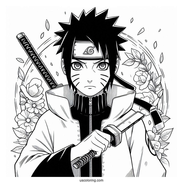 Naruto Coloring Page of Uchiha Sasuke Holding The Kusanagi