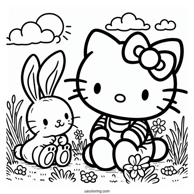 Hello Kitty Sitting On The Grass With A Rabbit Coloring Page For Kids