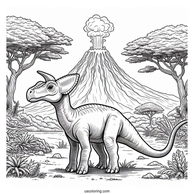 Parasaurolophus Coloring Page Standing In Front Of Volcano