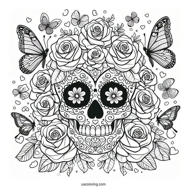 Angled View Of Sugar Skull Coloring Page With Butterflies And Plenty Of Roses