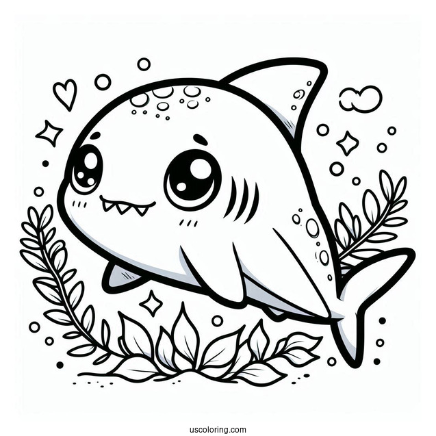 Chibi Shark Coloring Page With Seaweed