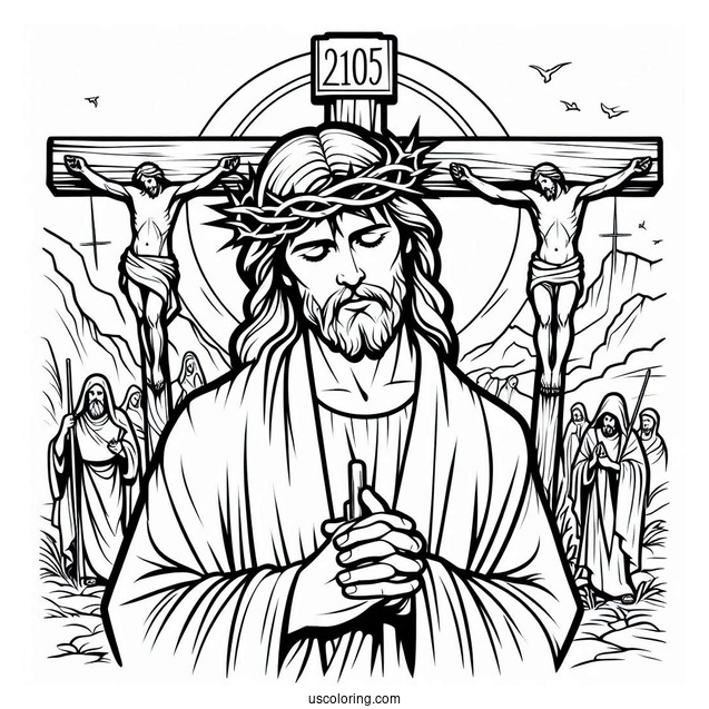 Simple Outline Of Jesus With Calvary Crosses Coloring