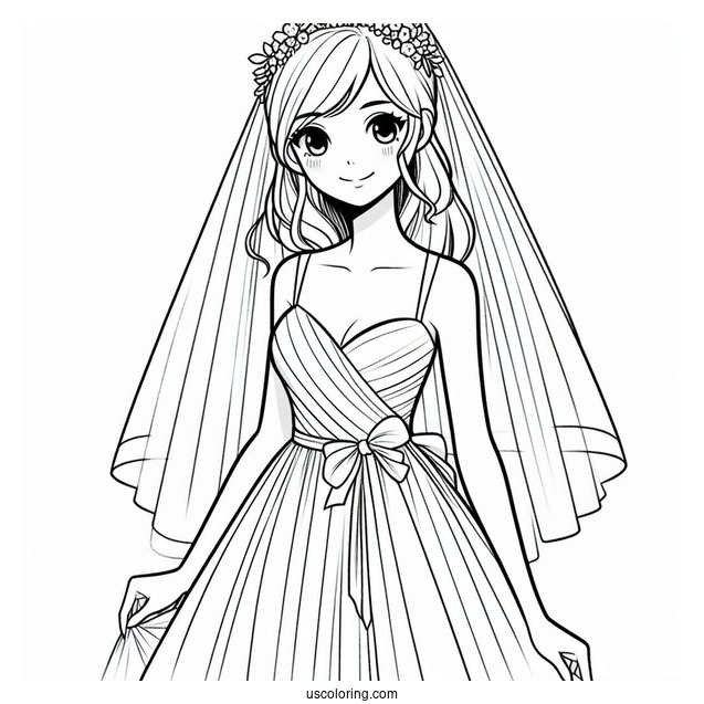 Bride Wearing Simple Dress Coloring Page With Short Veil