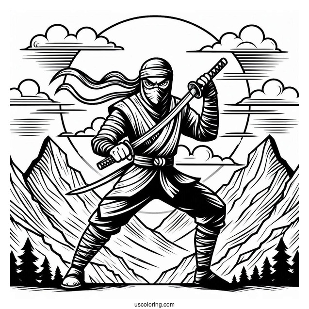Fierce Ninja In The Mountains Coloring sheet