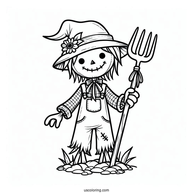 Halloween Scarecrow Coloring Page Holding A Digging Fork