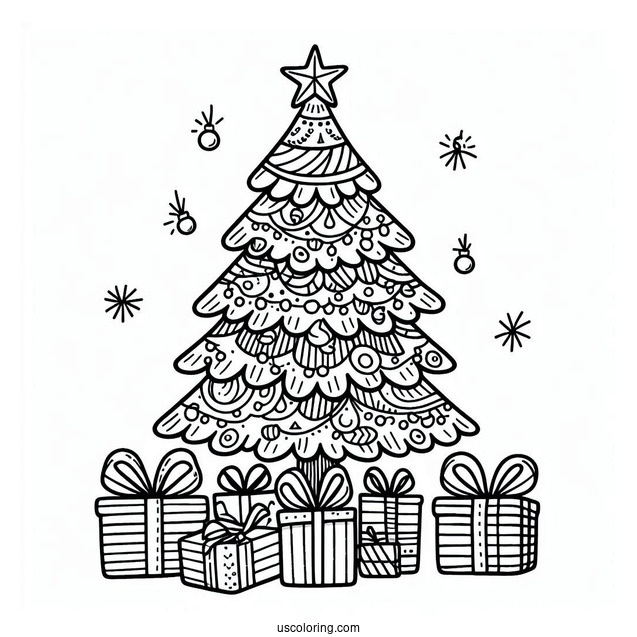 Simple Christmas Tree With Presents Coloring Sheet