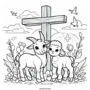 Goat, Lamb, And Donkey Under A Wooden Cross Coloring Page For Kids