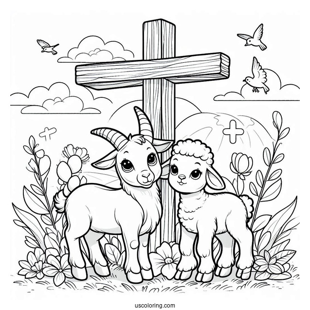 Goat, Lamb, And Donkey Under A Wooden Cross Coloring Page For Kids