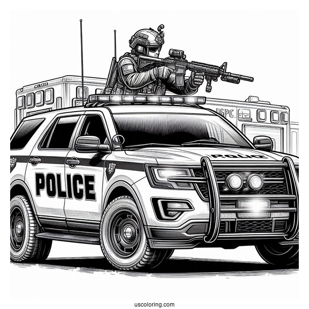 Police Car Coloring Page Of Realistic SWAT Vehicle With An Armed Agent Outside