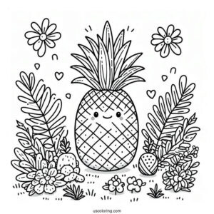 Cute Pineapple Coloring Page in a Fruit Garden For Preschoolers