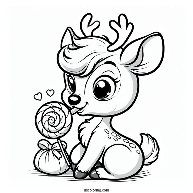 Rudolph Coloring Page Eating A Lollipop For Kids