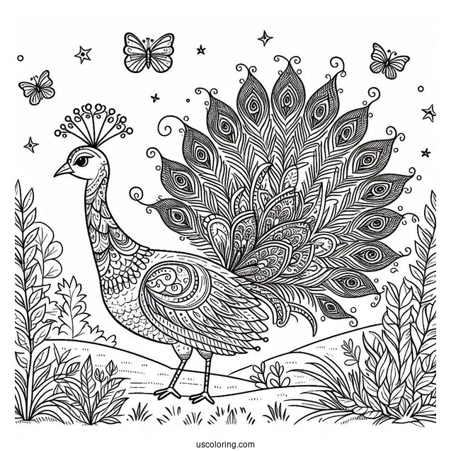 Peacock Coloring Page with Decorative Feathers In Woodland Meadow