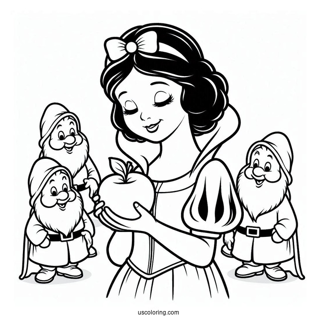 Coloring Page Of Show White Holding Apple With Dwarfs