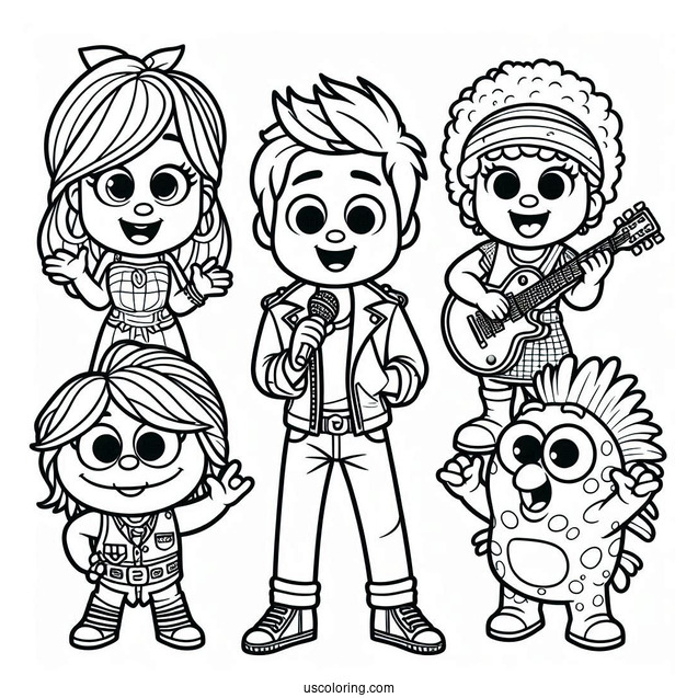 Sing Coloring Page Of Clay, Rosita, Johnny, Meena, Ash, And Friends In Rock N Roll Costumes