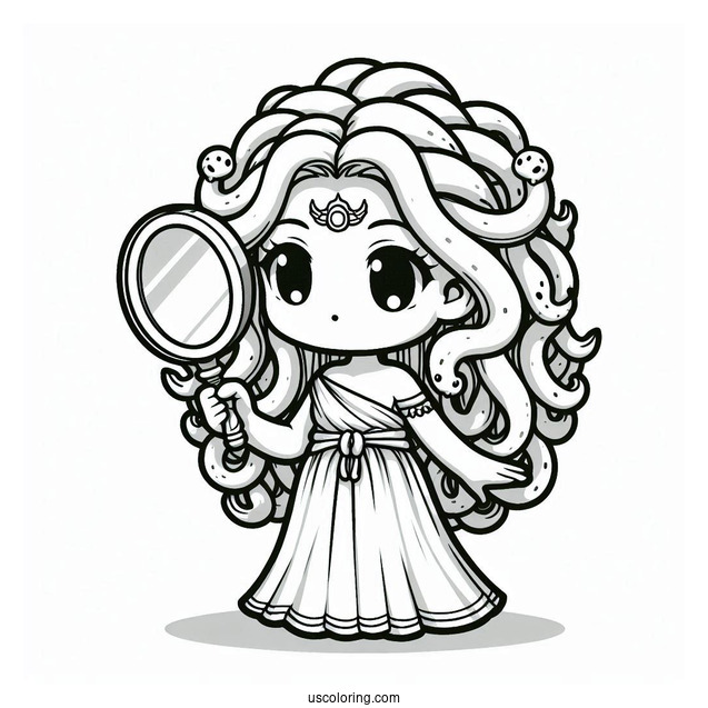 Chibi Medusa Coloring Page Holding Mirror For Kids