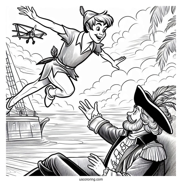 Peter Pan Flying Over Scared Captain Hook Coloring In