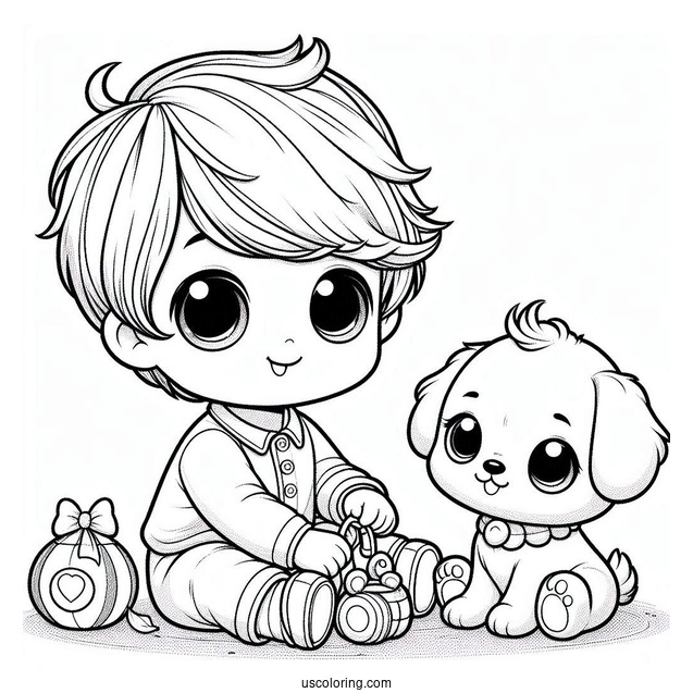 Precious Moments Coloring Page Of Little Boy With Toy Dog For Kids