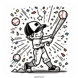 Kid Hitting Baseball Coloring Page with Confetti Celebration