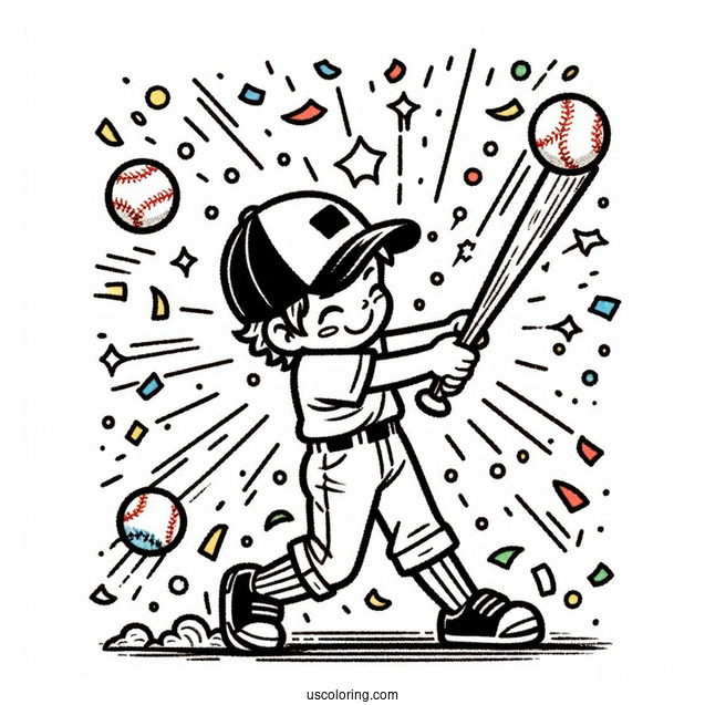 Kid Hitting Baseball Coloring Page with Confetti Celebration